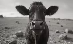 a cow stands among large rocks on an otherwise barren landscape