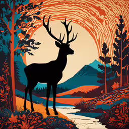 there is a deer that is standing in the woods,an image of a deer by a stream