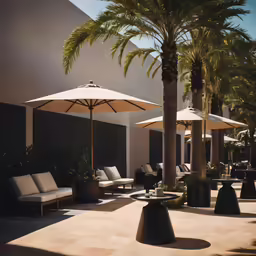 tables with umbrellas are arranged near a sidewalk