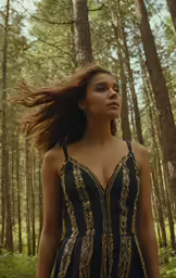 woman with long hair in black dress standing on wooded area