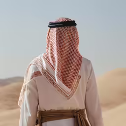man wearing beige and brown clothes, with a camel in the background