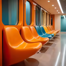 orange and blue seats are lined up on a subway