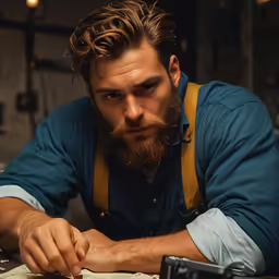 man with beard using a magnifying glass in the kitchen