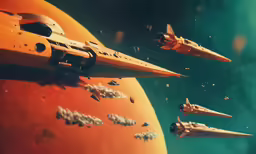 spaceships are flying around an orange planet