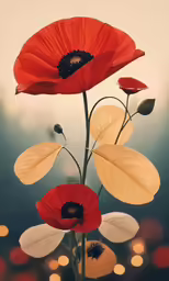 a flower, two large red flowers and leaves with lights in the background