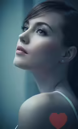 a woman with blue eyes and red heart on her chest