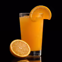orange juice is served in a glass with orange slices around it