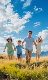 a group of young people run across a field