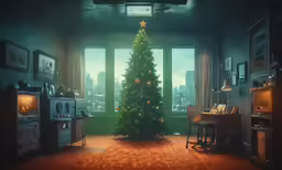 a christmas tree is in a room by some windows