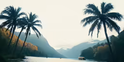 two palm trees on the side of a river