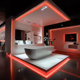 a large bath tub in front of a white counter with an orange led strip and chairs