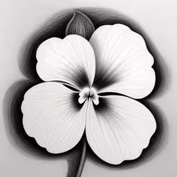black and white drawing of flower, showing the large leaf,a white flower with black petals, sitting on a table