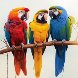 four brightly colored parrots perched on a branch