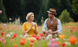a couple of people are sitting in a field