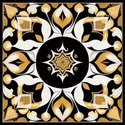 an oriental style design in black and yellow,an artistic and colorful picture of an abstract art work,a black and gold square with an intricate pattern,an artistic painting with gold and black accents,a decorative golden and black square frame