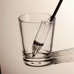 a pencil is in a glass with the surface water