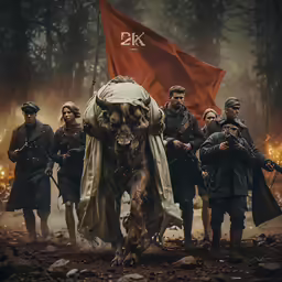 a poster with soldiers walking away from the red flag