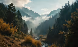 a stream near some trees in the mountains
