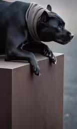 a black dog wearing a gray sweater lies on a large piece of cement
