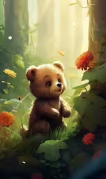 a bear with a sad look on his face is walking through the woods,a bear sitting on the grass by the forest