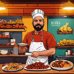 a cartoon of a man in a restaurant with plates of food,a cartoon depicting a man wearing an apron with lots of food around him