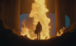 a woman in front of a large fire