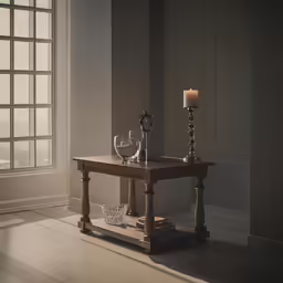 candles and a vase on a table with glassware