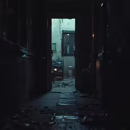 an empty dark and dirty room with broken glass
