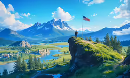 a man on a hill with an american flag in the sky