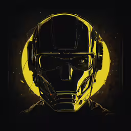 a helmeted man in yellow glow is standing in front of a yellow moon,a man wearing a helmet with headphones