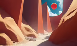 a photo of red rocks and orange hills with blue sky