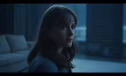 a woman with brown hair is looking to the right