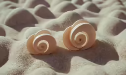 two shells sit in the sand on a sunny day