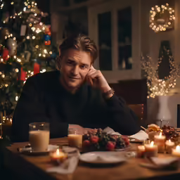 a man sits at a table surrounded by candles