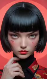 a close - up photo of a young woman with short hair and red lipstick, with a background that resembles the moon