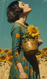 an oil painting of a girl in a sunflower field