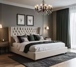 a luxurious bedroom with dark curtains and a chandelier
