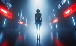 a woman standing in a dimly lit hallway