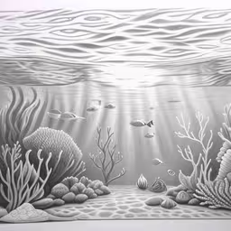 a drawing of an ocean scene with corals,a drawing of a sea coral reef with fish and bubbles,an underwater scene with seaweed and other sea animals,a pencil drawing of some coral reef scene,a drawing of corals and seaweed in the ocean