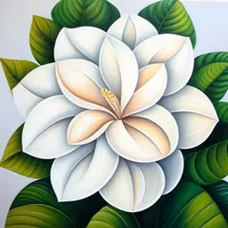 white flower and green leaves on a white wall,this is a painting of a flower in white and green colors