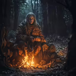 a person sitting by a campfire in the woods