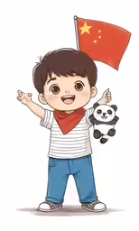 a child with chinese flags holding a teddy bear