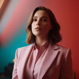 a woman is posing for a picture in a suit