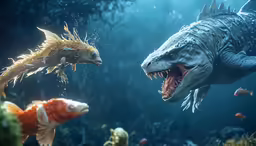 two fish swim in the water and one is eating another