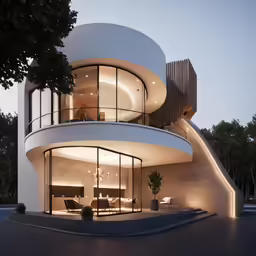 a large white round building with two levels and lights inside it