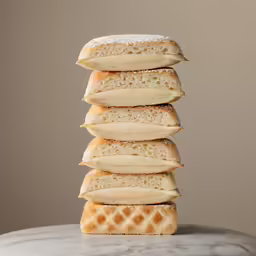 a stack of bread with white cheese on a table