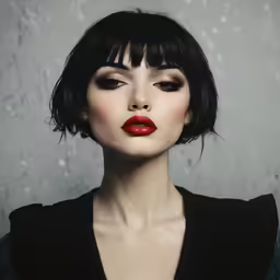 a woman with black hair and bright red lipstick
