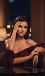 a woman sitting down and holding her head