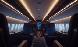 a woman is sitting inside the back of an airplane