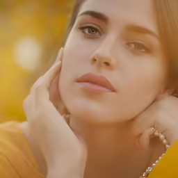 a woman wearing jewelry with her hand on her shoulder